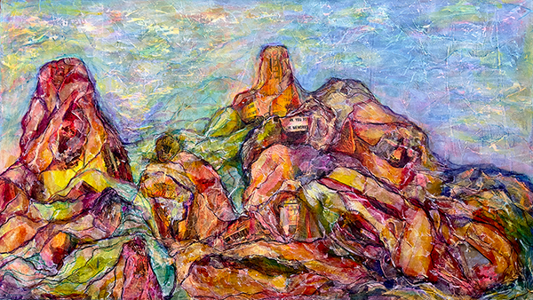 BRC: Out on the playa XII, by Raya Dukhan, vanlife series - mixed media on canvas - 38 X 22