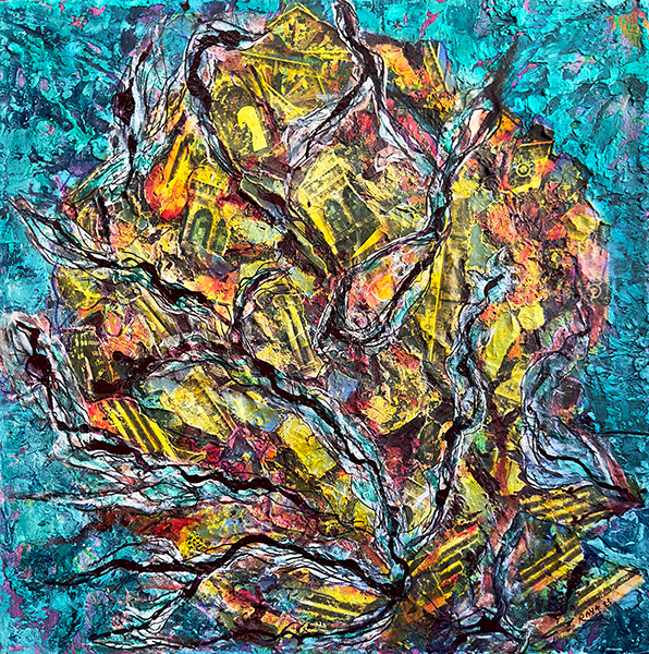 BRC: Out on the playa IX, by Raya Dukhan, vanlife series - mixed media on canvas - 20 X 20