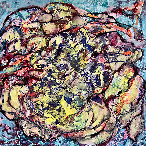 Sinister Stack, by Raya Dukhan, connected series - mixed media on canvas - 20 X 20