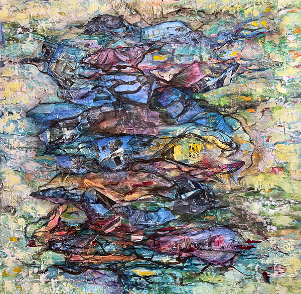 Twilight Hours Stack, by Raya Dukhan, vanlife series,  mixed media on board - 42 X 42